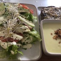 Fixed starter (leeks on toast, creamed courgette and salad). Tasty.  at Natu in Santander