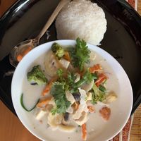 coconut soup with veggies, tofu and side rice at Bangkok Cafe in Trondheim