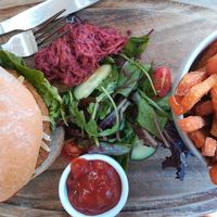 avocado cumin burger, vegan slaw, chips and dip at Ransoms Tearooms and Restaurant in Jersey