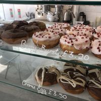 Selection of the vegan doughnuts - salted caramel, creme egg & berry burst. at Blanche Bakery in Cardiff