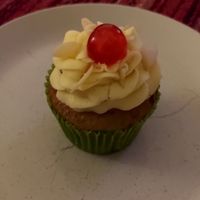 Banana Split cupcake with banana choc chip sponge with an apricot jam centre at Missy's Vegan Cupcakes in Edinburgh