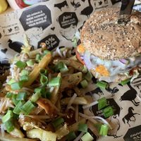 Southwest crunch burger (on a GF bun) with poutine.  at Boon Burger Cafe in Guelph