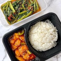 Sweet & sour pork with rice and sambal kangkong #Veganuary at SHU Vegetarian 蔬方斋 - Jln Kayu in Northeast Singapore