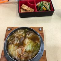 Roast pork rice and kimchi noodles at Green Lane Vegetarian Food in North Singapore