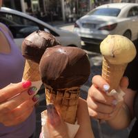 Slightly licked chocolate fondant ice cream (vegan) and cookies ice cream at Gelateria Malu in Jesolo