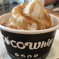 Coconut frozen soft-serve ice cream with caramel topping at Meraki Juice Kitchen  in West Palm Beach