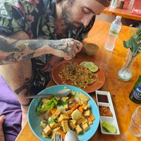 Vegan Pad Thai and Vegetables with tofu and rice noodles at Govinda's Restaurant in Krabi