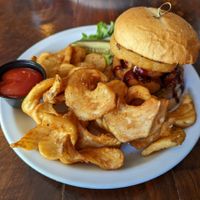 BBQ Outlaw Burger with Sidewinder Fries at Peekaboo Canyon Wood Fired Kitchen in Kanab