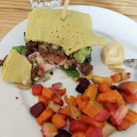 Guacamole burger with roasted root vegetables. at Organico in Stockholm