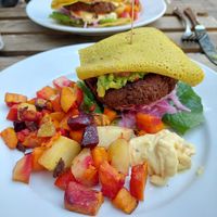 Guacamole burger with roasted root vegetables. at Organico in Stockholm