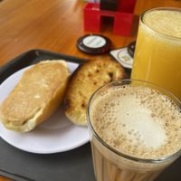Vegan cheese sandwich and vegetable latte.  at Lanchonete Santa Maria in Alto Paraiso