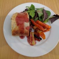 Wellington with roasted vegetables and red wine jus. at Crazy Bean Cafe in Great Bookham