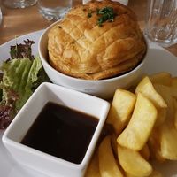 Butternut squash, leek and mushroom pie with chips at Crazy Bean Cafe in Great Bookham