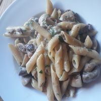 Mushroom penne with creamy truffle sauce at Crazy Bean Cafe in Great Bookham