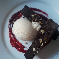Chocolate hazelnut torte with ice cream at Crazy Bean Cafe in Great Bookham