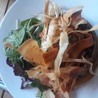 Roasted Mediterranean vegetable tart, root vegetable puree, vegetable crisps, salad and house dressing. at Crazy Bean Cafe in Great Bookham