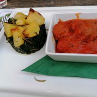 Great 'meatballs' with a spicy sauce and amazing spinach at Origano Campo de' Fiori in Rome