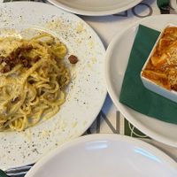 Vegan carbonara and vegan lasagna  at Origano Campo de' Fiori in Rome