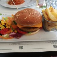 Burger with fries and salad (unfortunately, no dressing).  at Origano Campo de' Fiori in Rome