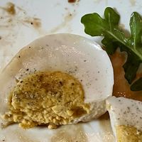 Closeup of fabulous vegan egg in Salade Nicoise. Made of chick peas, almonds, and cashews. The flavor and textures are perfect !  at Delice & Sarrasin in New York City