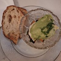 Layered "salmon" with creamy avocado and garlic cheese. at Delice & Sarrasin in New York City