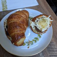 'Tournedos Croissant' ($19.50) and 'Pastry du matin' ($12) at Delice & Sarrasin in New York City