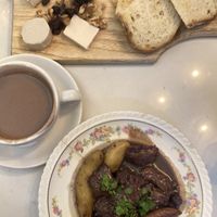 Bœuf bourguignon, cheese platter and chocolate milk  at Delice & Sarrasin in New York City