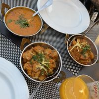 Left to right: Daal Tarka, Mushroom Masala, Bombay Aloo. We also got basmati rice. Absolutely delish! Medium spice option was perfect for us.  at Masala House in Portimao