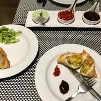 Plant based samosas. Perfectly fried (0% oily), fine seasoned: Delicious! at Masala House in Portimao