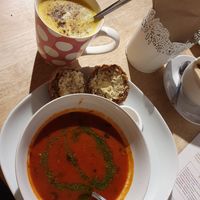 Tomato & basil soup and a roll. at Plant by Kat's Kitchen in Keswick
