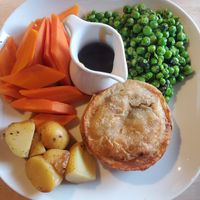 Pie of the day (fake chicken and mushroom) with seasonal veg. Pastry superb 👌 at Plant by Kat's Kitchen in Keswick