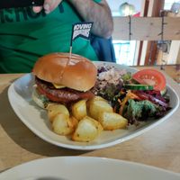 Delicious burger plate at Plant by Kat's Kitchen in Keswick