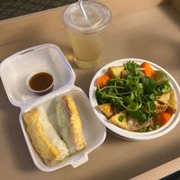 Tofu spring rolls, fresh coconut water, and the broccoli, carrot, tofu pho. at Pho Pier 77 in Panama City Beach