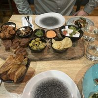 Platter and chunky chips(these are amazing! I know they’re only chips, but 😍) aubergine rolls in the background  at The Allotment in Manchester