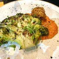Charred broccoli steak, romesco sauce,
smoked almonds, potato nests, olive dusts #Veganuary at The Allotment in Manchester
