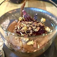 Dark chocolate mousse, hibiscus gel, cocoa
nibs with camomile blossom #Veganuary at The Allotment in Manchester