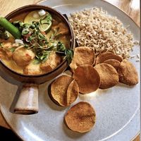 Tofu Laska served with rice and poppadoms  at The Allotment in Manchester