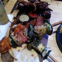 Shared platter with grilled tofu/veggies, polenta fries and leek bahji at The Allotment in Manchester