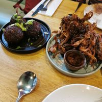 Soy glazed potato balls (left) and leek bhaji (right) at The Allotment in Manchester