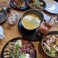 Hispi cabbage , bao , sticky cauliflower , soup + sandwich, plant Caesar   at The Allotment in Manchester