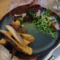 The Allotment Burger with Beetroot Bread. at The Allotment in Manchester