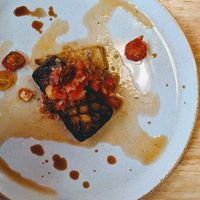 Confit Aubergine, Potato Terrine, Tomato Salsa and Roast Tomatoes at The Allotment in Manchester