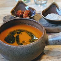 Red Lentil and Tomato Soup with Beignets and mushroom mousse at The Allotment in Manchester