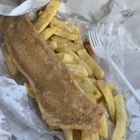 Battered vish and chips  at The Veggie Chippy in Birmingham