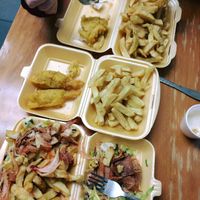 battered Vod and chips, 2 chicken legs and donner kebab! delicious! at The Veggie Chippy in Birmingham