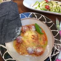 Delicious beet gnocchi with Sardinian Casarau bread at Ataya Caffe at ATAYA in Berlin