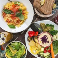 Hummus Plate, gluten-free ciabatta. gluten-free pasta with home-made tomato sauce and smoothies.  at ATAYA in Berlin