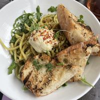 Pasta pesto burrata with garlic bread  at Modern Love in Brooklyn