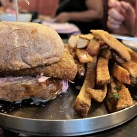 Honee’ Chicken Burger with fries   at Modern Love in Brooklyn