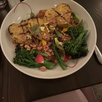 polenta dish with hazelnut romesco chickpeas and charred broccolini  at Modern Love in Brooklyn